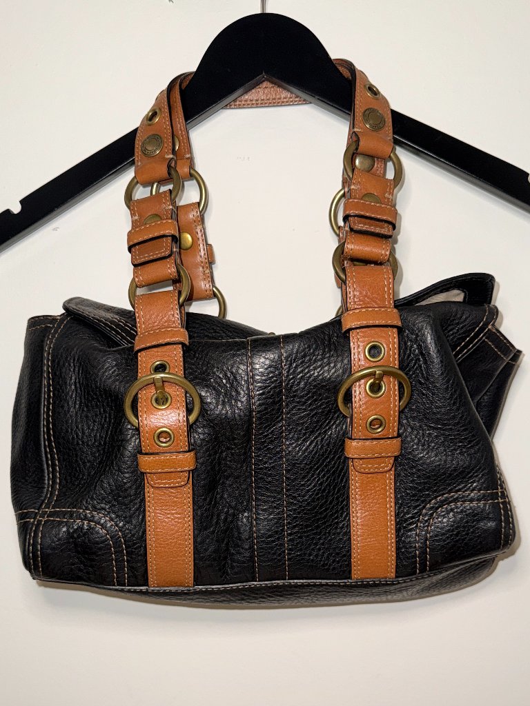 Vintage Coach Chelsea Satchel Black Tan Pebbled Leather Two-Tone Gold Hardware
